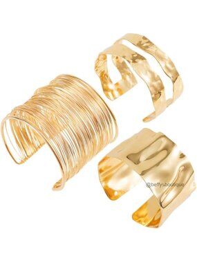 Gold Cuff Bracelet Set 3pc Chunky Bangle Bracelets Adjustable Statement Jewelry